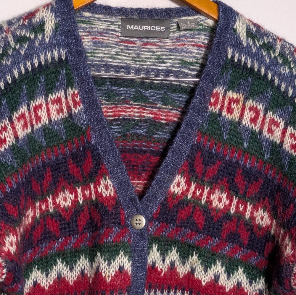 Women's Maurices Mohair Blend Fair Isle V-neck Button-up Cardigan Sz‎ M - Picture 3 of 10